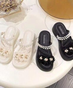 Giày sandal hai đế đế dày họa tiết hoa và váy ngọc trai